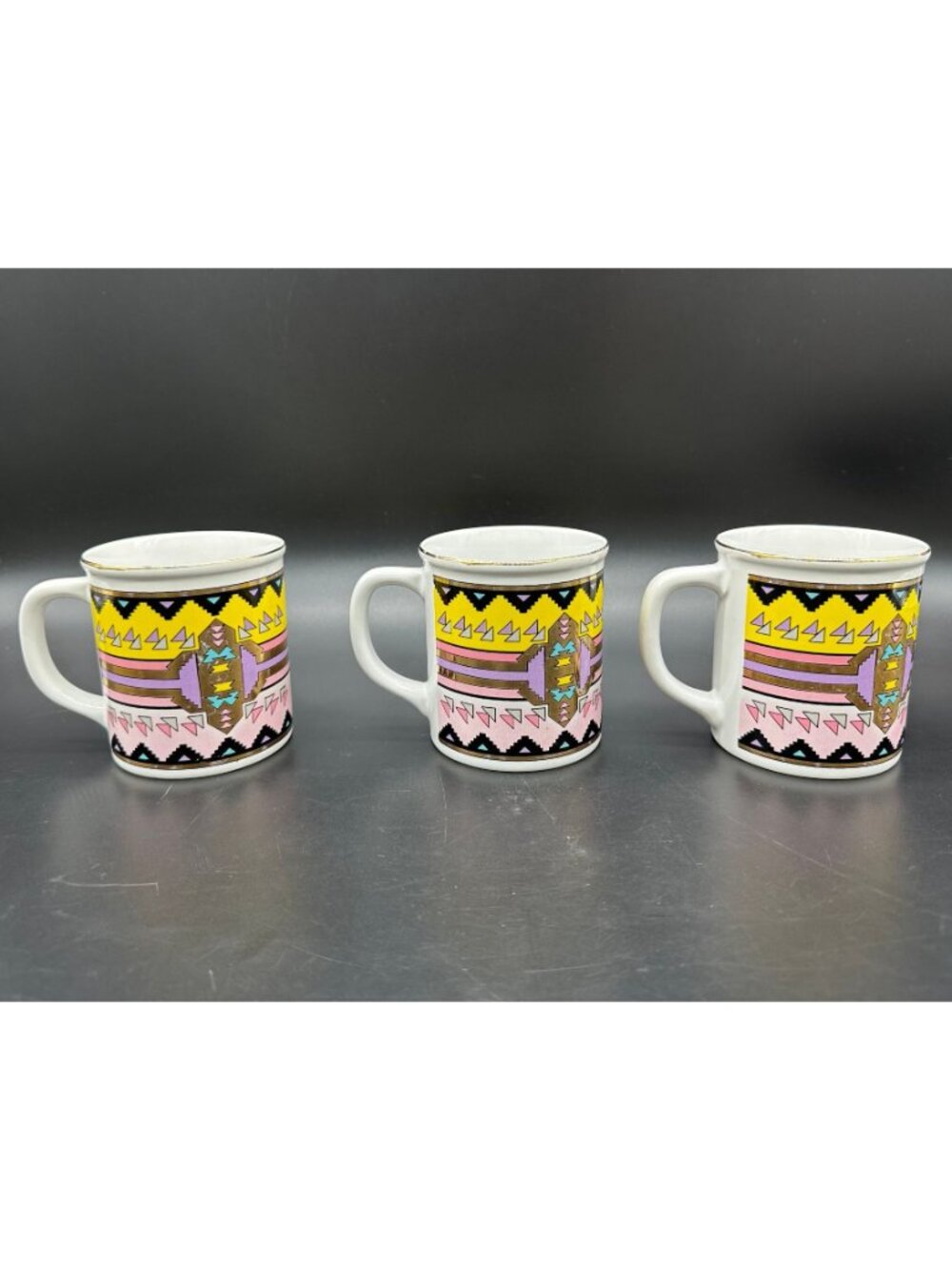 Vintage Mugs southwest Aztec Ceramic Japan Pink Yellow Purple Gold Cups Set of 3 - Picture 4 of 10